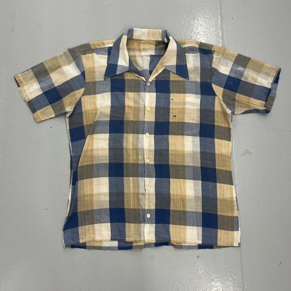 Vintage 60s Blue/Yellow Plaid Summer Button Up - Picture 1 of 4